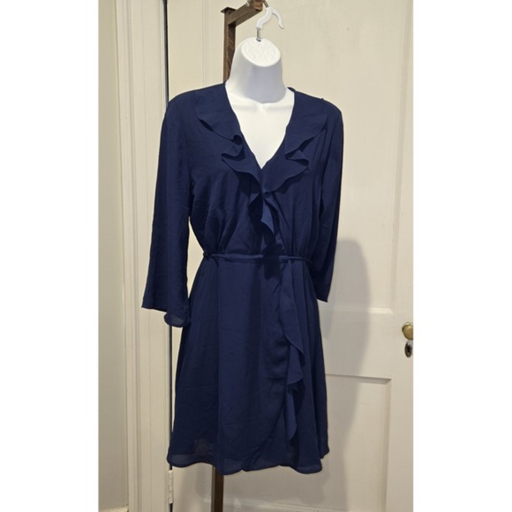 NWT AQUA Blue Chiffon Ruffle V-Neck Fun Flirty Casual to Cocktail Dress M - Picture 2 of 10